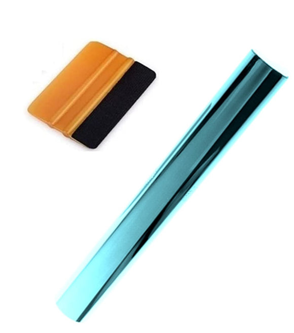 Kit bandeau pare soleil film réfléchissant turquoise chrome 150X20cm avec raclette douce